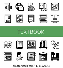 Lehrbuchsymbolsatz. Sammlung von Hörbüchern, Büchern, Enzyklopädie, Bücherregale, Buchladen, Notebook, E-Book, Bücher, Finance Open Magazine, Wörterbuch, Regal, Bibliothekssymbole