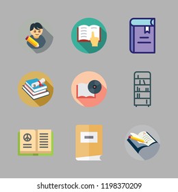 textbook icon set. vector set about bookshelf, open book, book and books icons set.