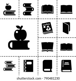 Textbook icons. set of 13 editable filled textbook icons such as book, apple on book, magazine