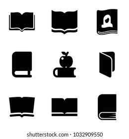 Textbook icons. set of 9 editable filled textbook icons such as book, apple on book