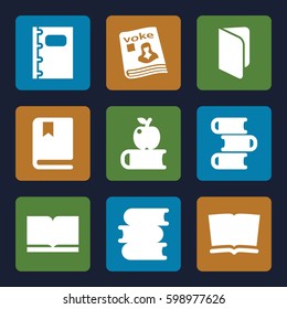 textbook icons set. Set of 9 textbook filled icons such as book, magazine, notebook, etc. 