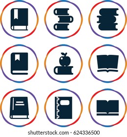 Textbook icons set. set of 9 textbook filled icons such as book, notebook