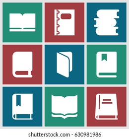 Textbook icons set. set of 9 textbook filled icons such as book