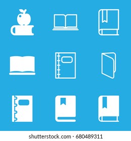 Textbook icons set. set of 9 textbook filled and outline icons such as notebook, book