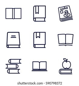 textbook icons set. Set of 9 textbook outline icons such as book, magazine