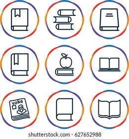 Textbook icons set. set of 9 textbook outline icons such as book, magazine