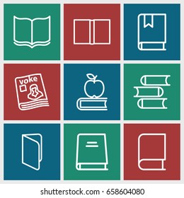 Textbook icons set. set of 9 textbook outline icons such as book, magazine