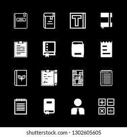 textbook icons set with book, notebook filled with text lines and library bookcase vector set