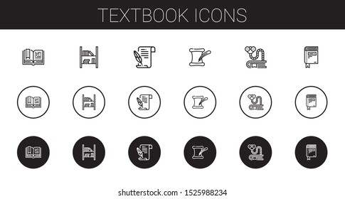 textbook icons set. Collection of textbook with open book, bookshelf, literature, bookworm, book. Editable and scalable textbook icons.