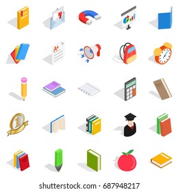 Textbook icons set. Isometric set of 25 textbook vector icons for web isolated on white background