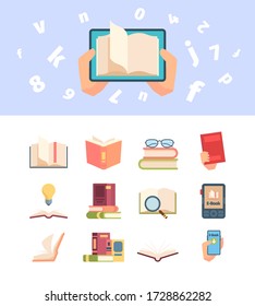 Textbook knowledge set. An open book information hand, encyclopedia leafing pages, e-book smartphone glasses magnifier for font stack books research idea reading. Clipart vector graphics.