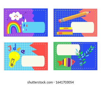 Textbook labels set for the school. Vector graphic illustrations, funny design