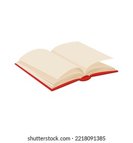 Libro de texto, catálogo de revistas de biblioteca. Libro abierto vectorial en portada dura con páginas en blanco, literatura empresarial, bestseller en rojo de tapa dura