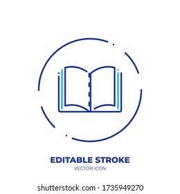 Textbook line art vector icon with editable stroke. Outline symbol of open book. Literature pictogram made of thin stroke. Isolated on background.