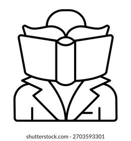 Libro de texto y el hombre icono de línea delgada, concepto de educación. Gráficos de Vector. Traje de hombre y libro, signo de aprendizaje sobre fondo blanco, icono de estilo de contorno para móvil o Diseño web