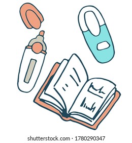 Textbook and markers sticker set on white isolated backdrop. Stationery for invitation or gift card, notebook, bath tile, scrapbook. Phone case or cloth print. Doodle style stock vector illustration