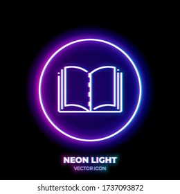 Textbook neon light line art vector icon. Outline symbol of open book. Literature pictogram made of thin stroke. Isolated on background.