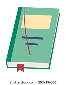 Libro de texto o cuaderno con marcador y tapa dura. Libro aislado en tienda o tienda, biblioteca pública. Diario o revista, copybook o bloc de notas para notas y escritos escolares. Vector de estilo plano