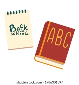 Textbook and notepad sticker set on white isolated backdrop. School primer for invitation or gift card, notebook, bath tile, scrapbook. Phone case or cloth print. Flat style stock vector illustration