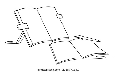 A textbook on a stand and an open notebook. Knowledge Day. International Literacy Day. One line drawing for different uses. Vector illustration.