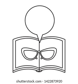 textbook open with eyeglasses and speech bubble