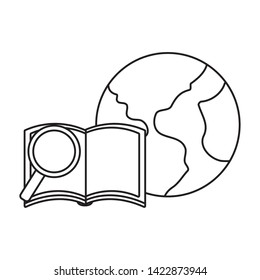 textbook open with planet earth and magnifying glass