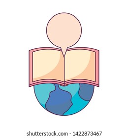 textbook open with planet earth and speech bubble