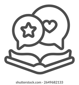 Textbook and popup bubbles line icon, positive review concept. Vector graphics. Book with star and heart, story reading sign on white background, outline style icon for mobile or web design