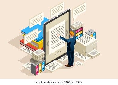 Textbook, publish paper for online access on electronic notebook or read object. Can use as clipart or sticker for web banner, infographics, hero images. Flat isometric vector illustration.