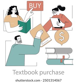 Textbook purchase concept. Students engage in buying educational books amidst a backdrop of economic transactions. Study preparation, resource investment. Vector illustration.