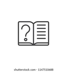 Textbook with Question mark outline icon. linear style sign for mobile concept and web design. Questionnaire book simple line vector icon. Symbol, logo illustration. Pixel perfect vector graphics