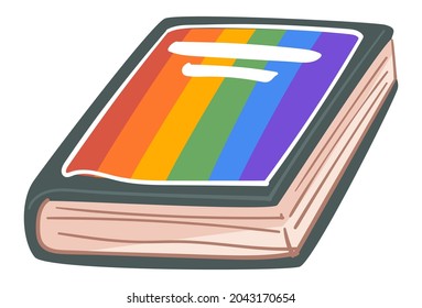 Textbook with rainbow symbol, isolated book with stories and fairy tales for kids. Diary for lgbt people, stationery for writing, office or school supplies. Publication in handcover. Vector in flat