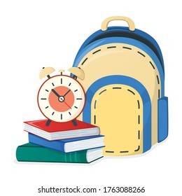 Textbook, school book next to backpack and alarm icon isolated on white, cartoon vector illustration. Welcome back to school, supplies for study in college and institute.