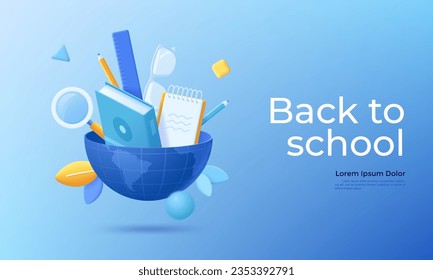 Textbook, school supplies or stationery inside half of globe. Back to school education concept, study abroad, global learning. Modern colorful vector illustration in 3d style for banner, poster.