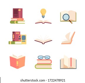 Los libros de texto ponen conocimientos. Pila de libros doblados, enciclopedia abierta desplazando páginas información idea de magnificar el cristal para fuente, marcador en novela. Estilo de clipart vectorial.