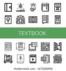 los iconos sencillos del libro de texto están configurados. Contiene iconos como Diario, Libro de diseño, Libro, Librería, Lectura, Portátil, Libro de historia, Libro de libros, Librería, puede ser usado para web, móvil y logotipo
