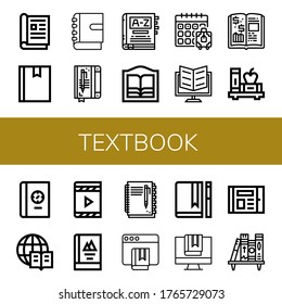 textbook simple icons set. Contains such icons as Magazine, Book, Notebook, Dictionary, Bookstore, Booking, Ebook, Finance book, Encyclopedia, can be used for web, mobile and logo
