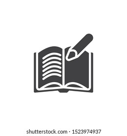 Textbook writing vector icon. filled flat sign for mobile concept and web design. Book page with pen glyph icon. Education symbol, logo illustration. Vector graphics