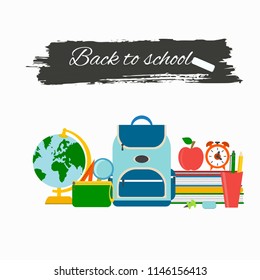 Textbooks, alarm clock, schoolbag, globe, stationery, pencils, scissors, ruler and  text "back to school". Schooling Flat concept background.