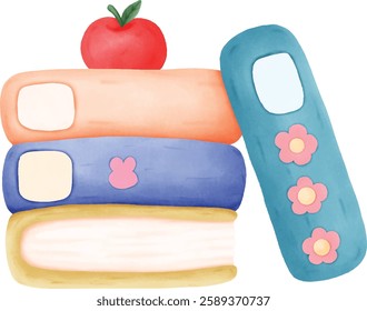 Textbooks and Apple	hand drawn 