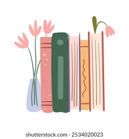 Textbooks or journals on shelf with vase. Vector isolated dairies or books with flower bouquets. Composition for interior design or bookstore. Cute bookworm spot, shop or store assortment