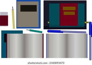 Textbooks, notebooks, and some pens and other stationery.
