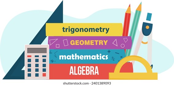 Textbooks, pens, calculator, protractor on white background. Mathematics concept. International mathematics day. Mathematics lessons and courses. Vector illustration on white background. 