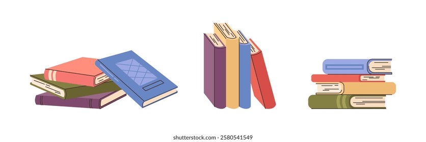 Textbooks and school publications for educating and studying. Vector isolated pile of notebooks, stacks of printed works. Obtaining knowledge and improving new skills, practicing for exam