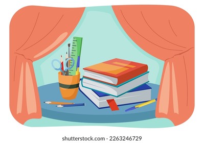 Textbooks and writing tools on table vector illustration. Cartoon drawing of school supplies of student, books, pencils, scissors, rule, red curtains. Education, stationery, back to school concept