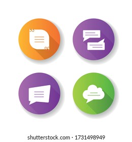 Textbox flat design long shadow glyph icons set. Empty group chat and feedback box. Blank speech bubbles. Online communication and notification. Silhouette RGB color illustration