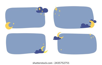 Textbox set. Doodle Hand drawn frames. Collection of blank templates, night moon, stars and clouds.
 Vector illustration isolated on white background