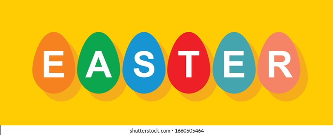 Text-decoration congratulation with Easter on yellow background. The letters E A S T E R are inscribed in multi-colored eggs. Vector illustration.