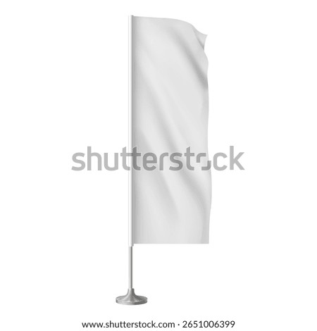 Textile 3d stand for advertising banner. Mockup of waving white flag on a stand, vertical. Promotion, branding. Rectangular blank template. Vector illustration. Isolated background.