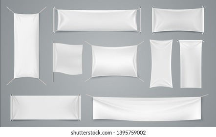 Textile Ad Banner. Blank White Fabric Advertising Mockup, Realistic Isolated Cloth Ad Sheet. Vector Image Folds Rectangular Promotion Flag